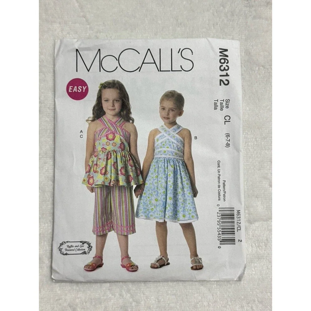 McCalls M6312 Sewing Pattern Girls Size 6 7 8 Top Dress Belt Capri Pants